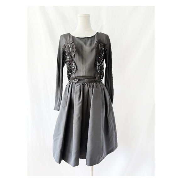 1990s Christian Lacroix Black Dress Sheer Top with Lace and Sequin Top Bubble Sk - Picture 1 of 8